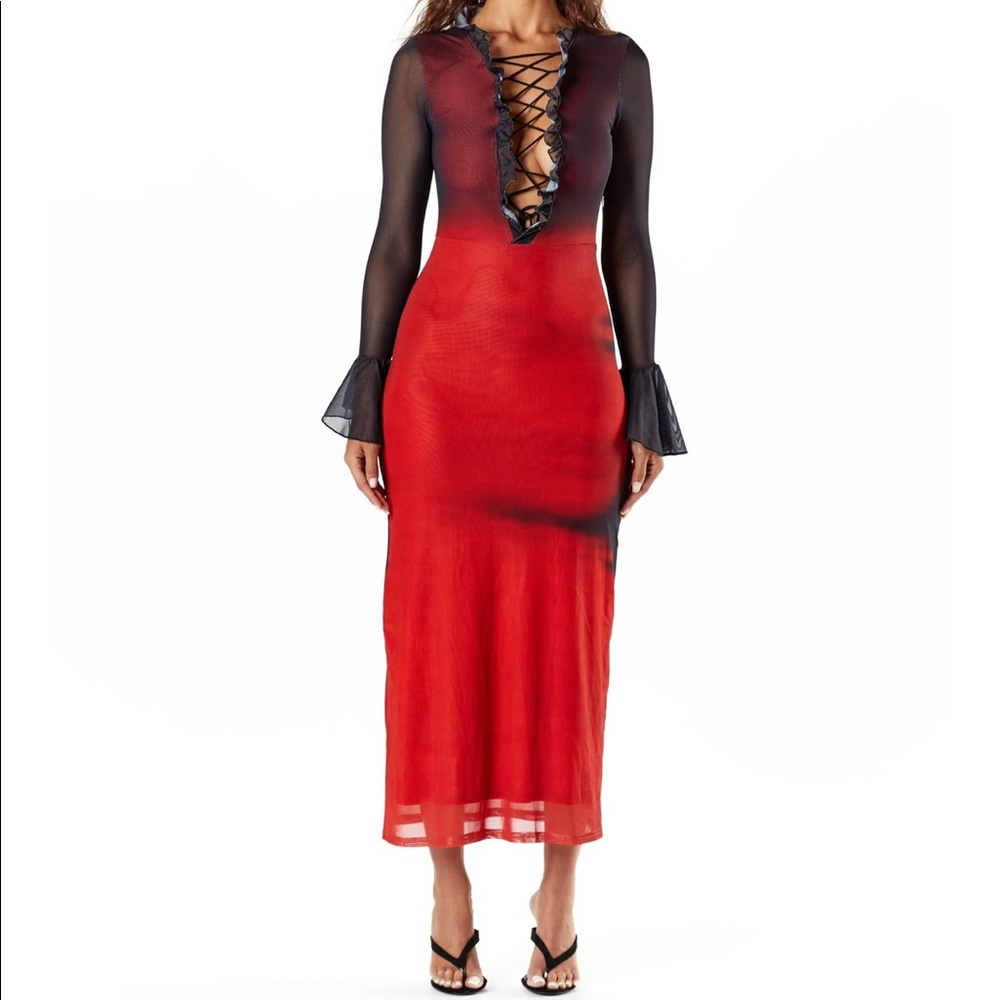 Amy Shehab red and black ombré mesh ruffled dress size SMALL